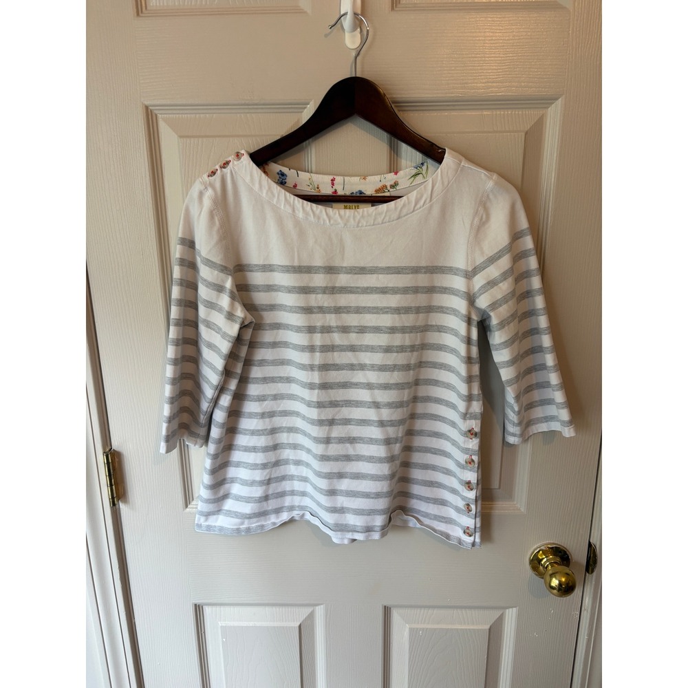 Maeve Striped Top Women Medium White Grey Boatneck Button Detail Nautical